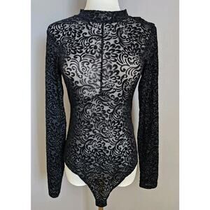 Guess Velvet Burnout Flocked Sheer Turtleneck Bodysuit Sz S Goth Witchy Y2K